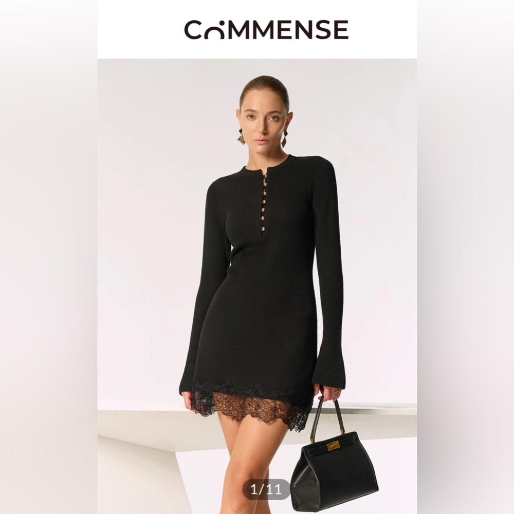 Commense NWT Wool Blend Lace Hem Gold Button Mini Dress